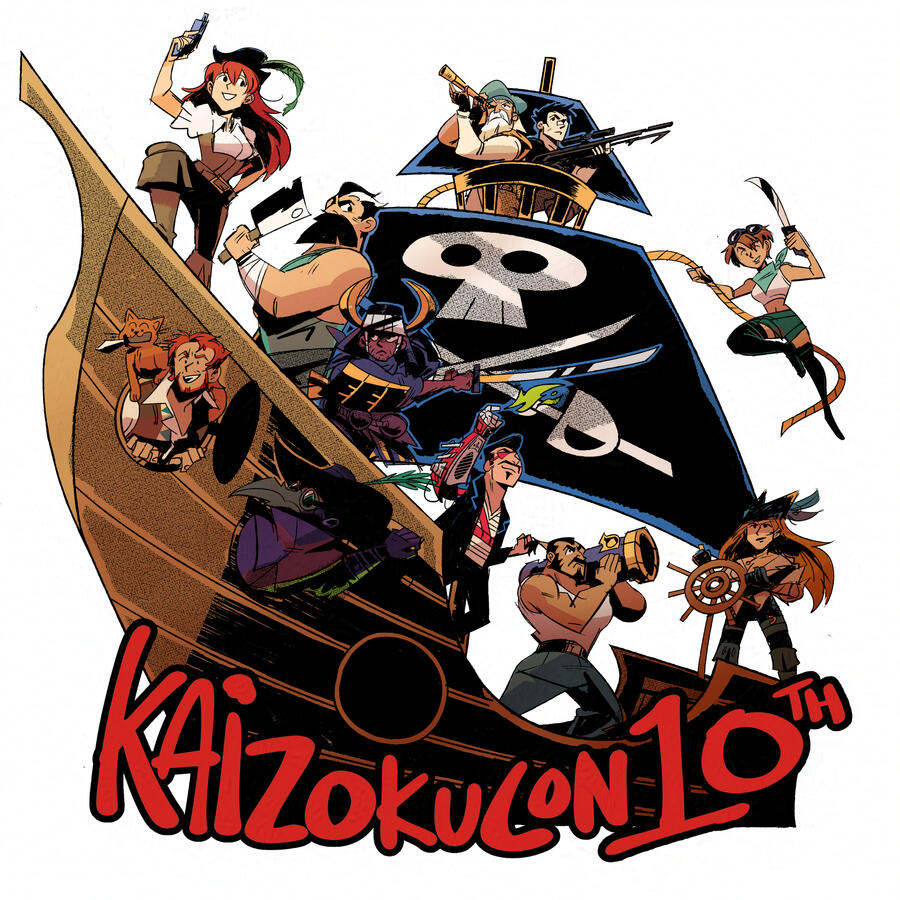 Logo design for Kaizokucon&#39;s 10th anniversary, featuring their mascots from previous events.